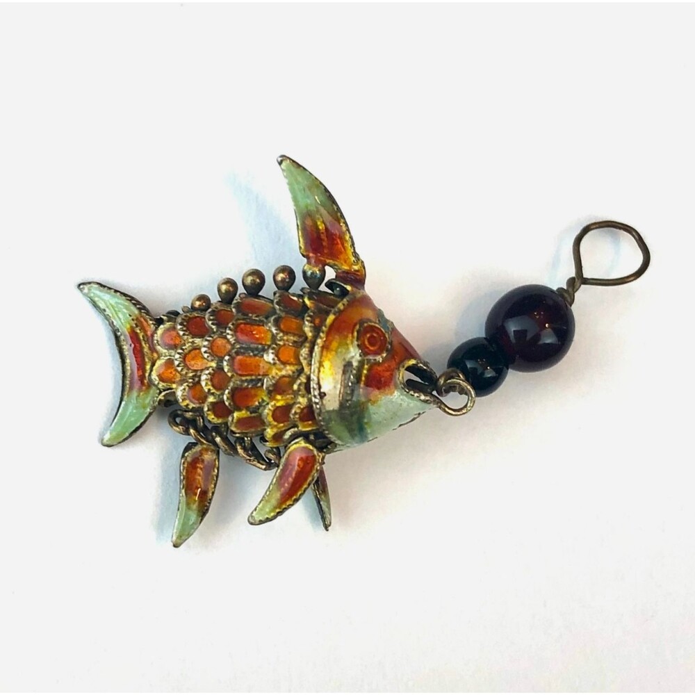 Vintage Koi Fish Amethyst Cloisonné Pendant Charm Articulated Enamel
